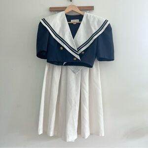 Vintage Leslie Lucks Navy and White Sailor 2 Piece Top and Skirt Linen READ Sz 6